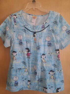 Peanuts Scrub Top Charlie Brown Lucy Aqua Black White Cinched Back M Medium